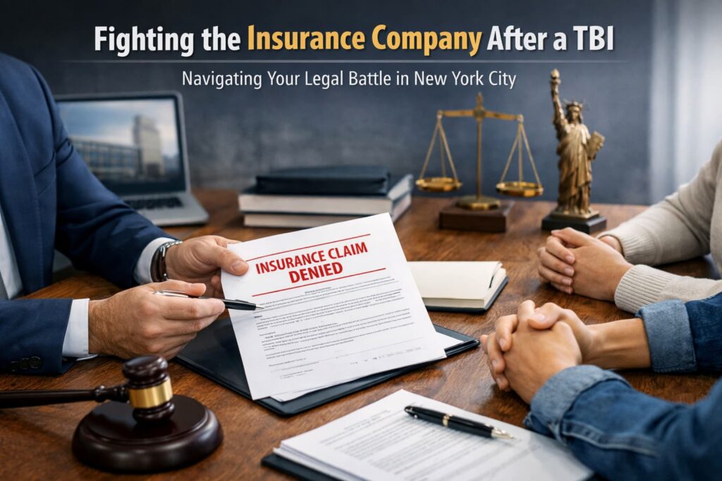 Attorney reviewing denied insurance claim with clients in NYC office, symbolizing legal help after a traumatic brain injury case.