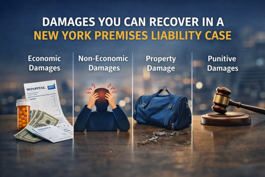 Damages You Can Recover in a New York Premises Liability Case Infographic showing economic, non-economic, property, and punitive damages recoverable in a New York premises liability case
