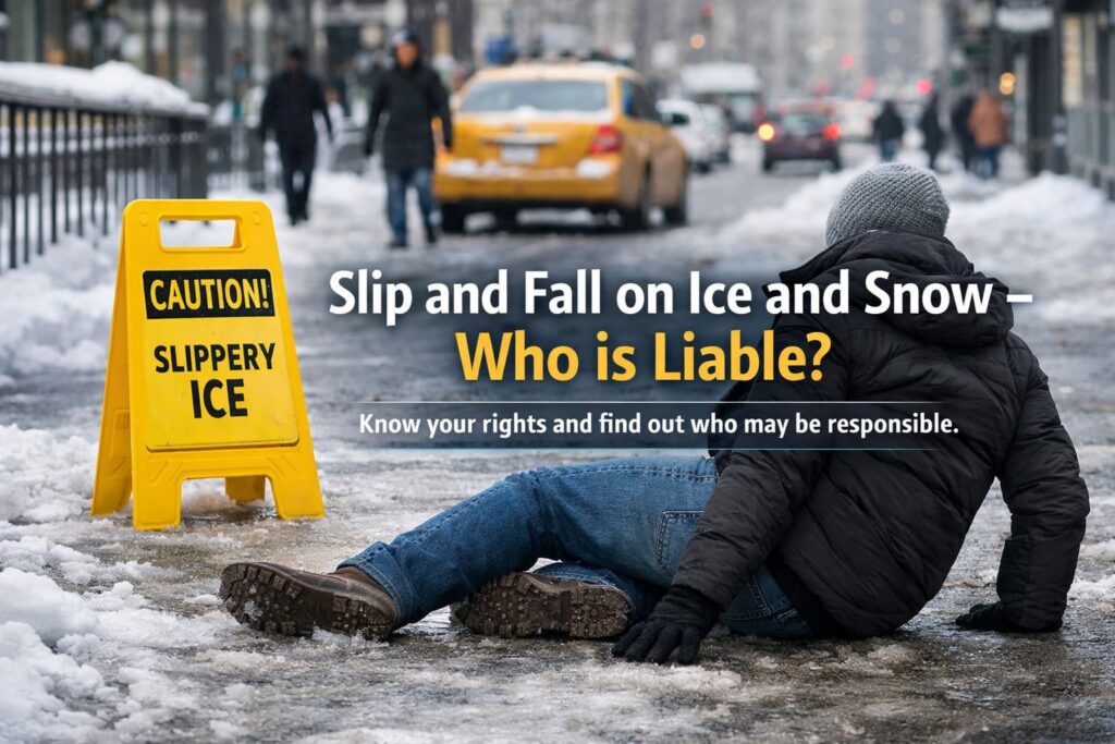 Slip and Fall on Ice and Snow in New York City – Who Is Liable Slip and fall hazard on an icy New York City sidewalk during winter, showing unsafe snow-covered walking conditions and potential premises liability
