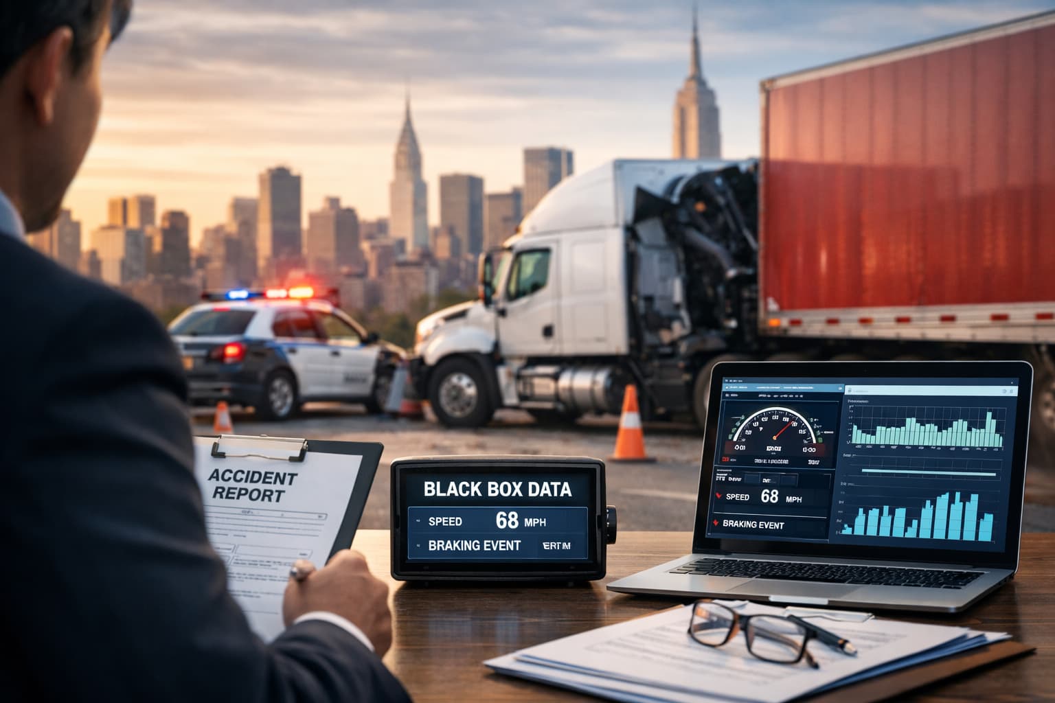 Black box data analysis after a New York City truck accident showing truck speed, braking data, and accident investigation scene