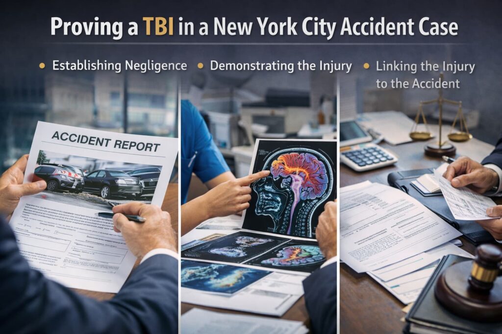 Legal evidence showing accident report, brain MRI scans, and documents used to prove a traumatic brain injury case in New York City.