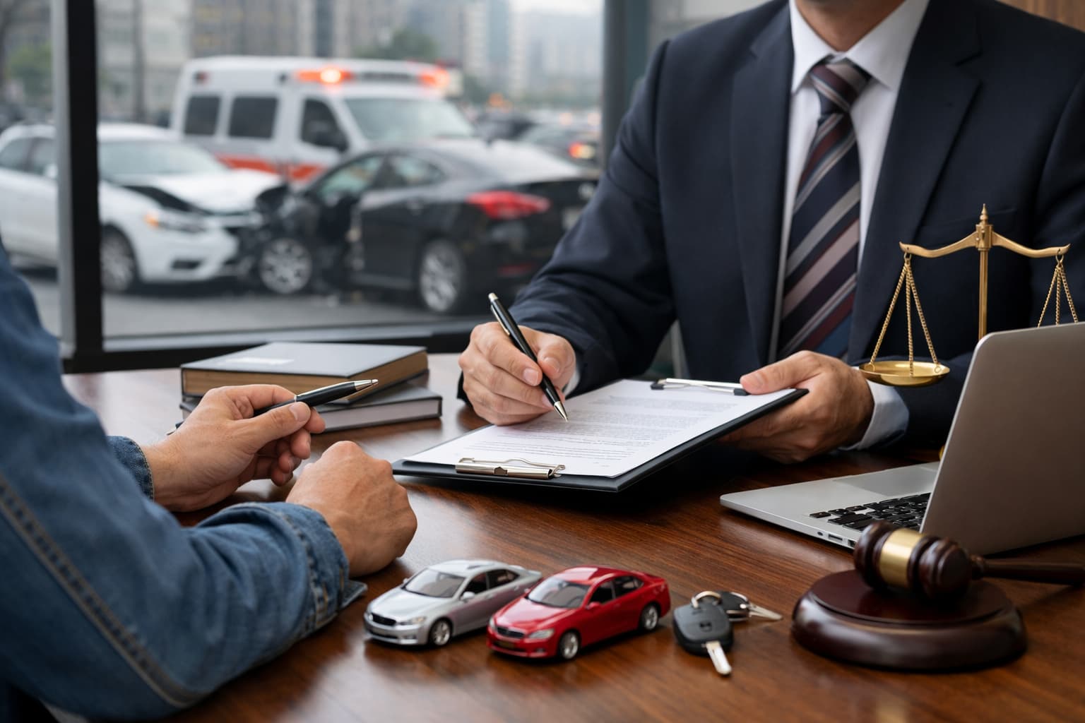 New York car accident attorney reviewing legal documents with client in office after a traffic collision, illustrating when to hire a lawyer after a crash.